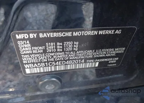 2014 BMW 535I z USA, uszkodzony, nr VIN WBA5B1C54ED482014